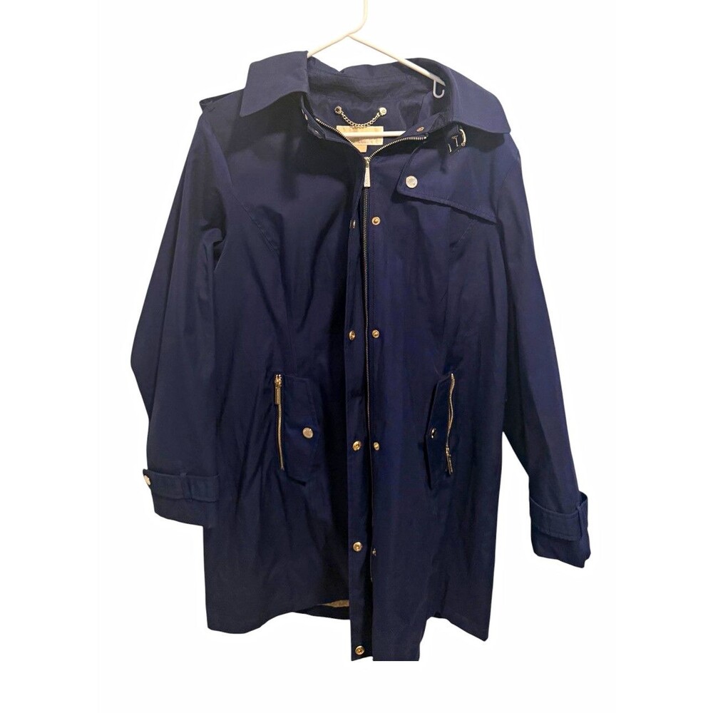 Michael Kors Women's Navy Rain Coat XL Hooded Pockets Zip Snap Mid-Length